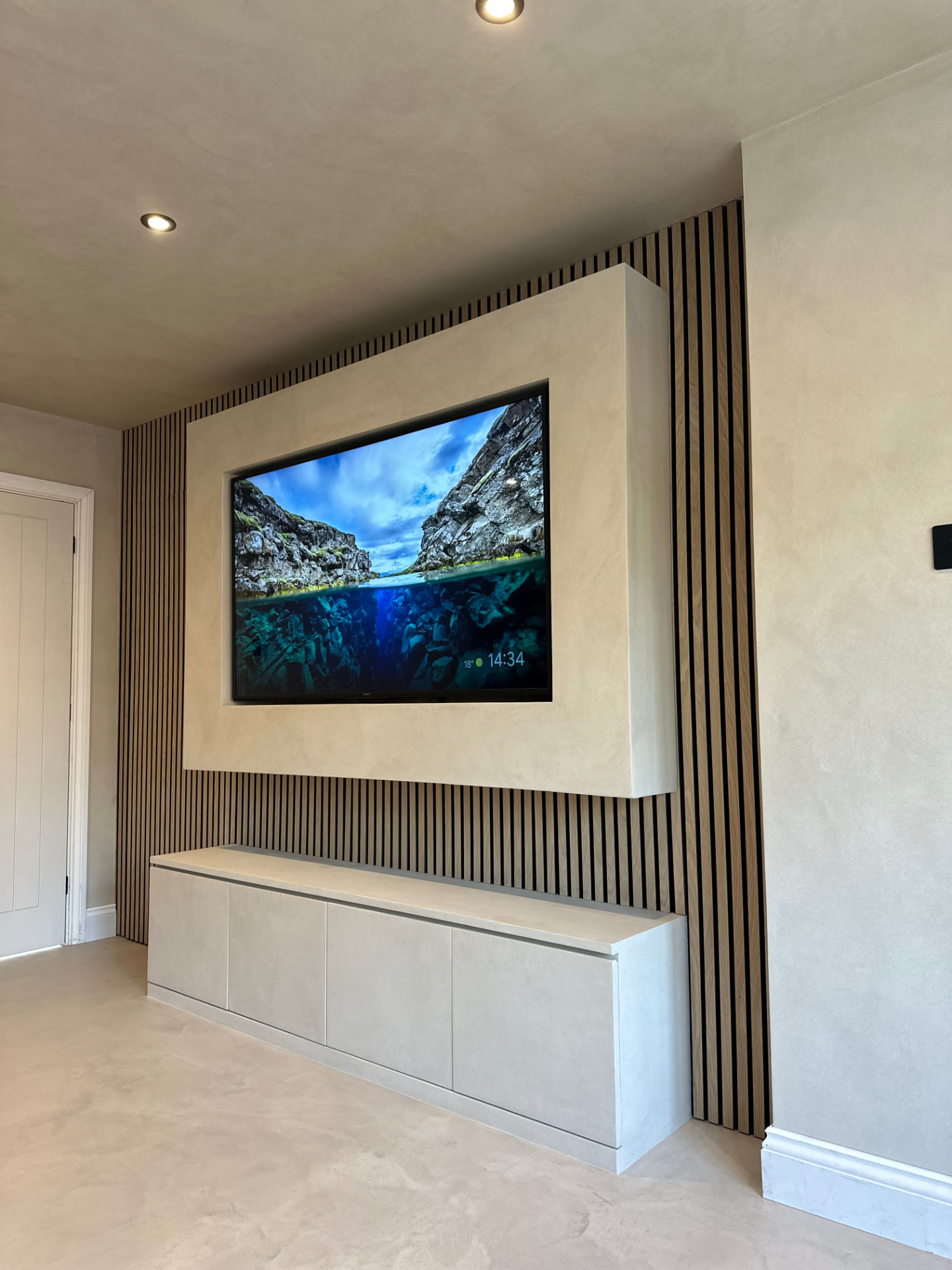 Slatted oak bespoke media wall